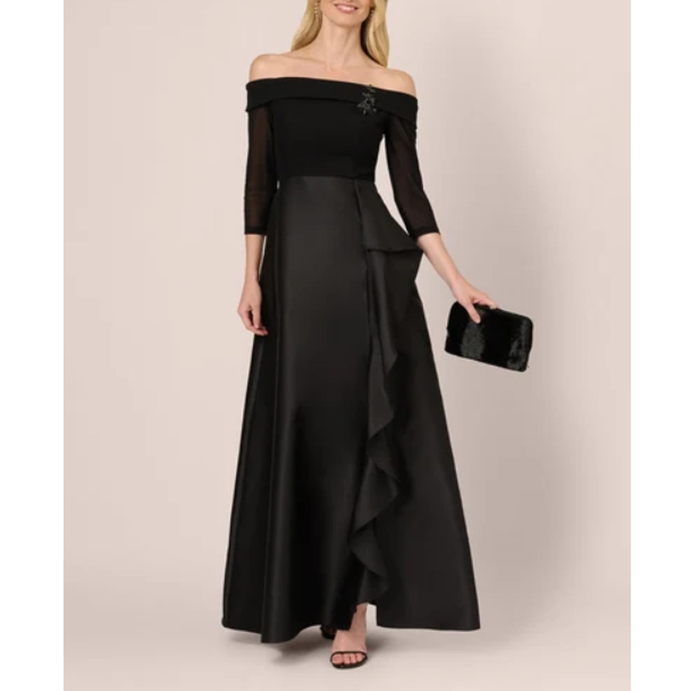 Papell Studio Off Shoulder A Line Evening Dress Black Size 8